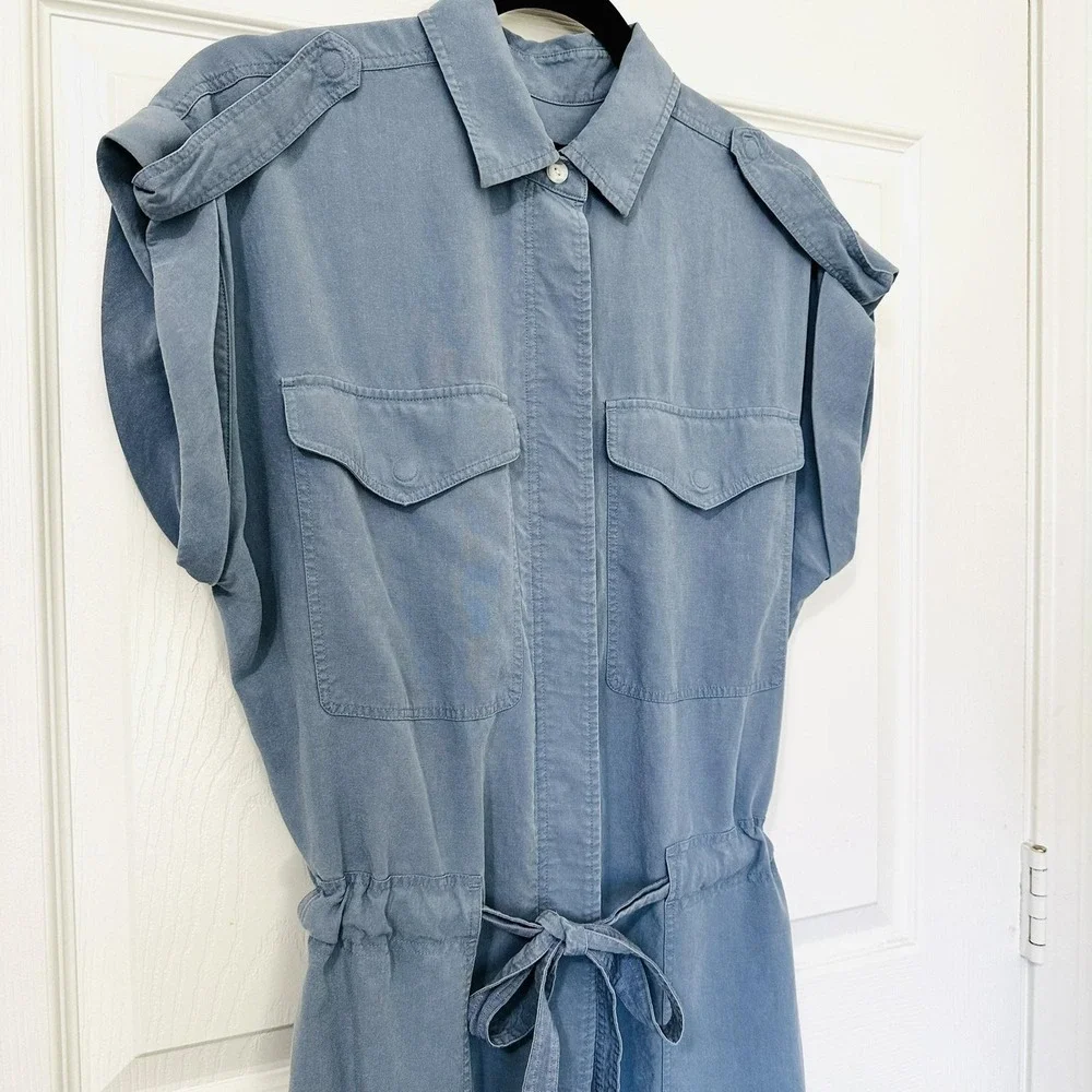 Rag & Bone Womens M Blue Lyocell Linen Utility Jumpsuit Wide Leg Belted Collared